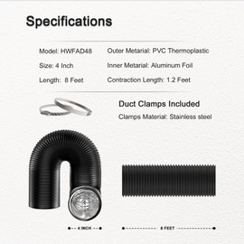 HYDROWE Dryer Vent Hose Flexible 4 Inch 8 Feet PVC Aluminum Foil Ducting Insulated Dryer Vent Hose for HVAC Ventilation with 2 Clamps (4in 8ft)