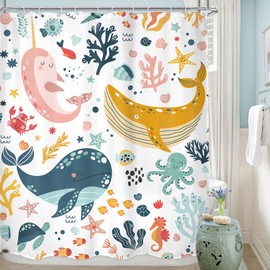 LGhtyro Kids Whale Shower Curtain Bathroom Set 71Wx71H Inches Funny Cute Cartoon Fish Ocean Sealife Under Sea Coral Starfish Bath Accessories for Boys Girls Art Home Decor Fabric 12 Pack Hooks