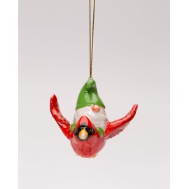 Fine Ceramic Christmas Holidays Gnome Riding Red Cardinal Christmas Tree Ornament, 3-1/2"