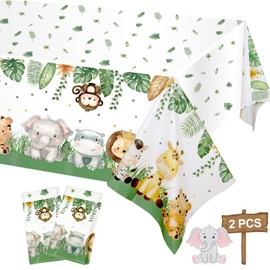 Pack of 2 Animals Jungle Tablecloth, 108 x 180 cm, Safari Birthday Waterproof Tablecloth, Forest Animals, Disposable Plastic Tablecloth, Themed Party Accessories for Party Decoration, Baby Shower,