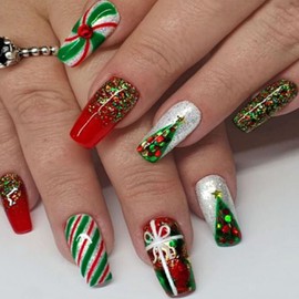 Christmas Press on Nails Medium Coffin Fake Nails with Stripe Christmas Tree Designs Glitter Press Nails ons Green Acrylic Nails Red False Nails Stick on Nails for Women 24 Pcs