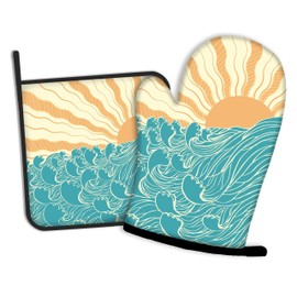 Abstract Sea Waves with Sun Oven Mitts and Pot Holders Kitchen Cooking Gloves 2 Pcs Set Heat Resistant Pad for Baking BBQ Home Decor