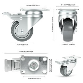 Fixhando 3 Inch Locking Casters Set of 4, Heavy Duty Grey Polyurethane Wheels, 360-Degree Silent Smooth Rotation, 880 lbs Capacity 4-Pack for Carts, Industrial Equipments, Workbench