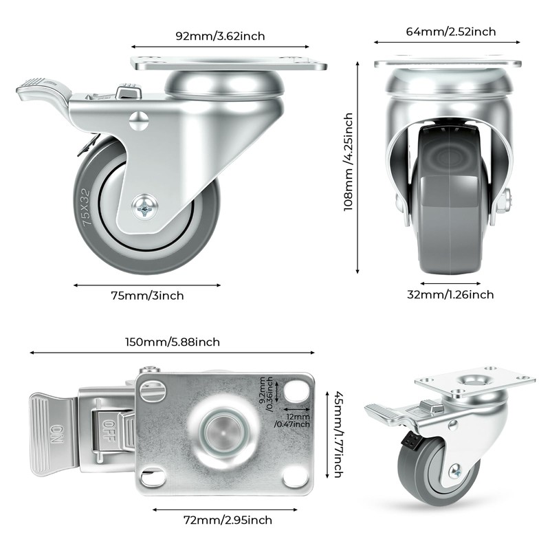 Fixhando 3 Inch Locking Casters Set of 4, Heavy Duty