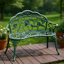 Antique Green Cast Aluminum Patio Bench 2 Seat Floral Rose Design Outdoor Loveseat for Deck Gardencolor: default Color