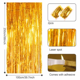 2pcs 3.2 x 8.3ft Glitter Gold Foil Fringe Curtain Backdrop Tinsel Curtain Party Streamers Curtain Backdrop Decorations for Birthday School Graduation Hen Girls Party Decorations Gold