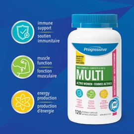 Progressive Health Progressive Advanced Daily Multivitamin for Active Women, with DIM, Chastetree, Maca, and Ashwagandha. Supports Immune Health, Healthy Estrogen Balance, and Energy, 100% Complete, Canadian-Made, 120 Count