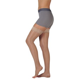 Juzo Naturally Sheer Compression Thigh High w/Silicone Top Band Open Toe 15-20mmHg, III, Beige