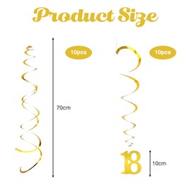 Pack of 20 Birthday Decoration, Number 18 Birthday Decoration, Spirals Streamers Gold, Ceiling Hanger, Double Spiral Garland for Party Decoration, Anniversary, 18th Birthday Decoration, Sparkling