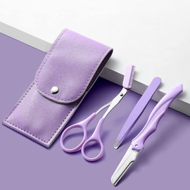 Pxiryanlow 3 Pcs Purple Eye Brow Scissor Eyebrow Removal Tweezer Eyebrow Trimmer Razor Facial Hair Shaper Eyebrow Trimming Tool with PU Leather Case Shave and Hair Removal