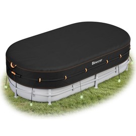 Binecer Rectangular Pool Cover, Solar Pool Cover for Above Ground Pools with Reflective Strips, Oval Swimming Pool Cover with Drawstring, Luminous Ground Nails, UV Protected (12x18 FT, Black)