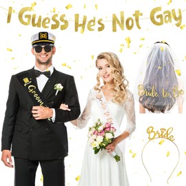 Vlipoeasn 7PCS Bachelorette Party Set, Bride and Groom Sash Bridal Shower Party Decorations, Funny Bachelor Gold Glitter Banner, Bride Head Veil, Groom Set Include Groom Captain Hat Groom Sunglasses