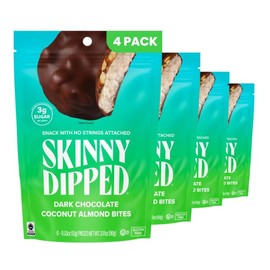 SkinnyDipped Dark Chocolate Coconut Almond Bites, Low Sugar Chocolate Coconut Bar, 3.17oz Resealable Bags, Pack of 4 (24 Bites Total)