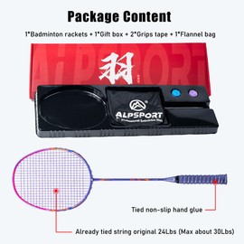 ALPSPORT GJ 10U G5 Super Light Professional Full Carbon Fiber Badminton Racket with Gift Box, Badminton Racquet for Outdoor Backyard Sports Including 1 Flannel Bag, 2 Grips Tapes (Purple)