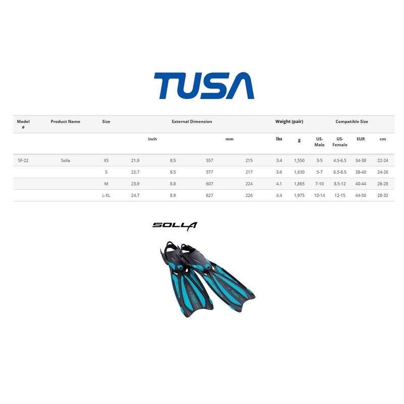 TUSA SF-22 Solla Open Heel Scuba Diving Fins, Medium, Metallic
