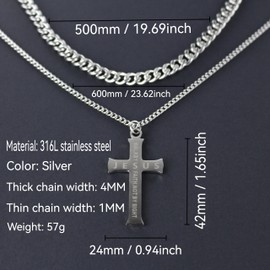 Joddfly Double Layer Cross Necklace, 316L Stainless Steel Cuban Chain with Jesus Cross Pendant, Religious Jewelry
