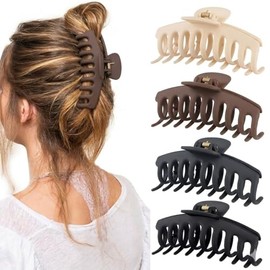Hold Me Tight Pack of 4 Large 4.1 Inch Hair Claw Clips for Women Hair Clips Thin Thick Curly Hair 90’s Strong Big Grip Matte Banana Clips with Strong Jaws for girls, ladies (Banana 4)