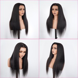 Glueless Wig Human Hair Yaki 4x4 Hd Lace Front Wigs for Black Women 180% Density Wear and Go Glueless Wigs Human Hair Pre Plucked Pre Cut Kinky Straight Ready to Wear No Glue Closure Wig 20 Inch
