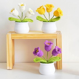 3 Pcs Crochet Patted Flowers,Artificial Knitted Lily of The Valley Flowers Handmade Crochet Flower for Home Office Car Dashboard Decor,Fake Bell Orchid
