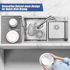 KitchenRaku Dish Drying Mat with Integrated Drain Edge 40 x 33 cm, Drying Mat, Heat Resistant Non-Slip Drying Mat Sink, Washing Mat Draining Mat, Place Mat (Light Grey, 40 x 33 cm)