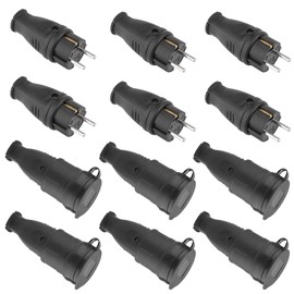 Protective contact plug and earthing contact rubber coupling, without cable, durable can be used for 0.5-3 cm² cable, IP44 230 V, 16 A, Schuko plug and Schuko coupling, 12 pack