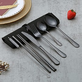 Evanda Portable Utensils, Travel Camping Cutlery Set, Stainless Steel Flatware Set Travel Silverware Dinnerware Set with a Portable Case (Black)
