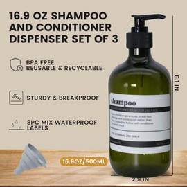 Abriclo Refillable Shampoo and Conditioner Bottles, 17oz Shampoo and Conditioner Dispenser Soap Dispenser Shampoo Dispenser Lotion Dispenser with 8 Waterproof Labels for Bathroom Hotel - Green, 3pcs