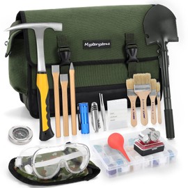 MYSTERYSTONE 28 Pieces Rock Hammer Kit for Rock Hounding, Complete Great Bundle including Steel Rock Pick Hammer,3-Pieces Heavy Duty Chisel Set,Updated Mussette Bag and Many More
