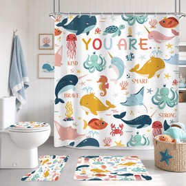 Riyidecor 4PCs Ocean Kids Shower Curtain Bathroom Set with Non-Slip Rugs, Toilet Lid Cover and Bath Mat Funny Cartoon Inspirational Quote Waterproof 12 Pack Hooks 72x72 inch Whale Shower Curtain Decor