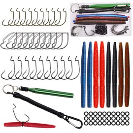 Wacky Worm Tool Wacky Worm Kits with Rig Tool Wacky Rig O-Rings Wacky Worm Hooks Soft Stick Worm Baits Fishing Accessories Set Tackle Box 70PCS