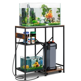 Artswish 20-29 Gallon Aquarium Stand with Power Outlet, Metal Frame Reptile Tank Stand with Bottom Grid Layer and 4 Wheels, 3-tier Fish Tank Stand for Living Room, Office, Rustic Brown, 330LBs