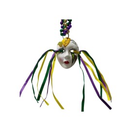 Mardi Gras Creations Ceramic Mask Face Ribbon Tri Strand Mardi Gras Beads Party Favor Necklace