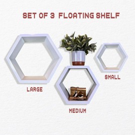 hadaaya Hexagon Shaped Floating Shelf - Set of 3 for Home Décor (Hexagonal White)