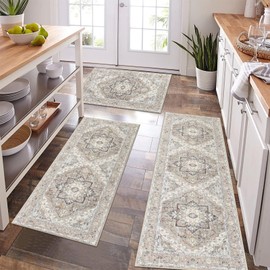 Pauwer Farmhouse Kitchen Rugs Sets of 3, Kitchen Runner Rugs Non Slip Washable, Boho Kitchen Mats for Floor, Indoor Door Mat Entrance, Laundry Room Rug, Thick Kitchen Floor Mat Carpet