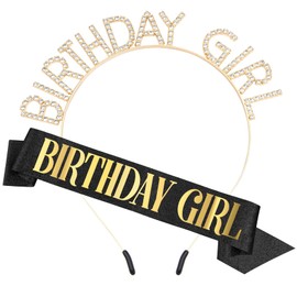PQRUU Birthday Sash for Women Gold Birthday Girl Sash Birthday Sash and Tiara for Women Birthday Crowns for Women Happy Birthday Decorations Accessories Rhinestone Birthday Girl Headband