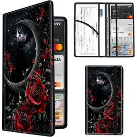 SDDFRHGH Car Registration and Insurance Holder,Leather Insurance License and Registration Card Holder for Car Glove Box, Auto Truck Document Holder Organizer for Men Women-Moon with Red Rose Flower