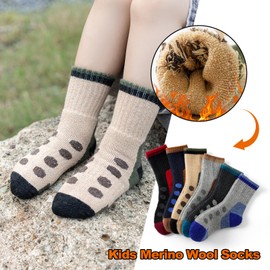 TOAMOUR Kids Merino Wool Hiking Socks, 6 Pairs Boys Girls Winter Warm Thick Thermal Socks, Boot Cushion Crew Socks