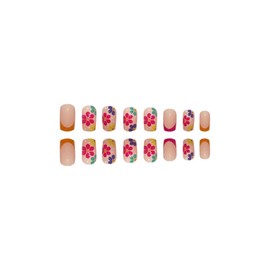 JUSTOTRY 24 Stück Blumen Nägel Zum Aufkleben Kurz,Farbig Eckig Press on Nails Pattern,Glossy Kunstnägel Fake Nails Mittel,French Square Fingernägel Künstliche Nägel für Frauen