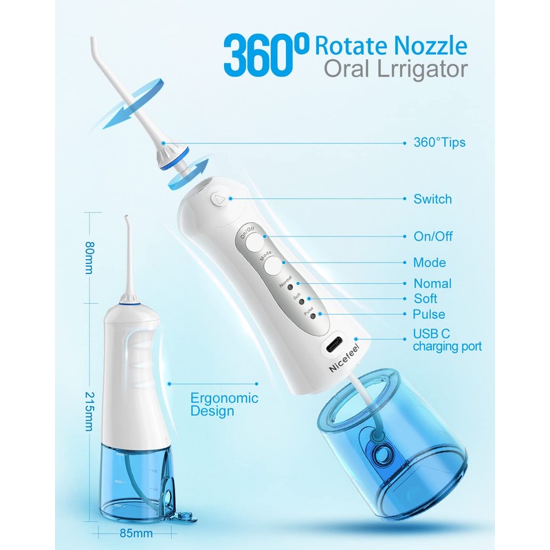 Cordless Water Flosser Teeth Cleaner, Nicefeel 300ML 2 Tip Cases