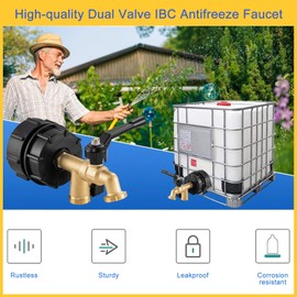 3-in-1 IBC Tote Adapter Kit with Dual Brass Faucet – Fits 275-330 Gallon Water Tanks, 3/4'' NPT to Double GHT Outlet for Garden Hose, RV, Rain Barrels