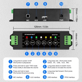 STUODIOFINIX Mini amplificador Bluetooth de 4 canales de 120 W para altavoces pasivos con TWS, AUX, MIC, USB, pieza de repuesto, adecuado para altavoces de pared/techo/marino/estantería