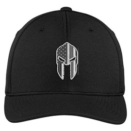 Embroidered Thin Silver Line Spartan Subdued American Flag Corrections Officer Flexfit Flex Fit Baseball Trucker Hat (L/XL, Black)