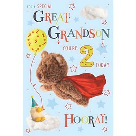 Great Grandson 2nd Birthday Card - Age 2 - Special Great Grandson - Barley Bear Teddy Superhero Design - Special Finishes and Illustrated Insert Leaf - Made in the UK - Eco-Friendly