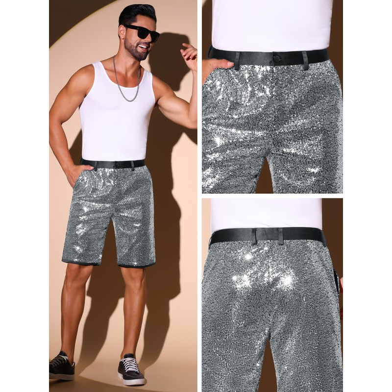 Lars Amadeus Sparkly Silver Sequin Shorts for Men's Straight Leg