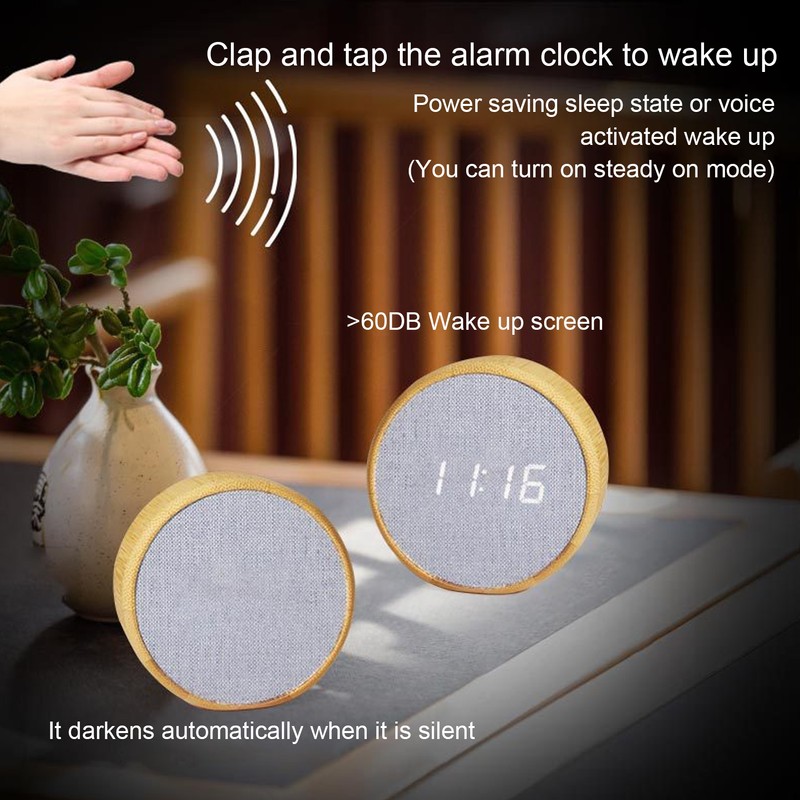 Digital Alarm Clock Round LED Voice Control Brightness Adjustable 12h
