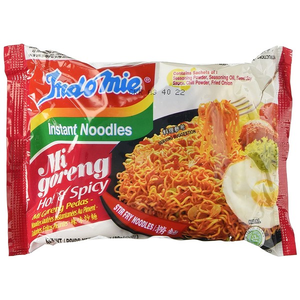 Indomie Mi Goreng Instant Stir Fry Noodles, Halal Certified, Hot & Spicy / Pedas Flavor, 3 oz, Pack of 10