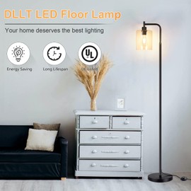 DLLT Modern Black Floor Lamp, Metal Industrial StandingLamp with Plug In, Farmhouse Reading Tall Pole Light with Glass Shade, for Living Room Office Bedroom Reading, E26 Base, Bulb Included