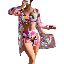 CUTEMOOT Women's 3 Piece Swimsuits Beach Kimono Cover ups Bikini Sets Swimwear Long Sleeve Bathing Suit with Shorts (Muticolor, Medium) Multicolor