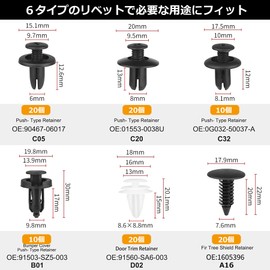 xuanli NEW Universal Car Push Rivet Set for Toyota, Nissan, Daihatsu Plastic Trim and Lining Clips, 100pcs + Removal Tool Included (6 Types)