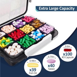 Fullicon Fullicon Daily Travel Moisture Proof Pill Case with 12 Extra Large Compartment, Pill Organizer with 3 Secured Buckles, Large Supplement Box for Vitamin with Removable Dividers (Black)